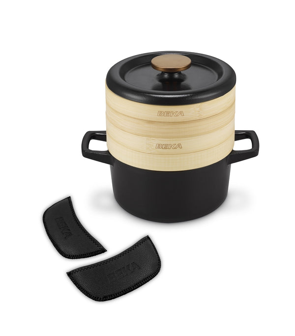 Nori 2-delige set stoofpot met stoommandjes en met lederen grepen