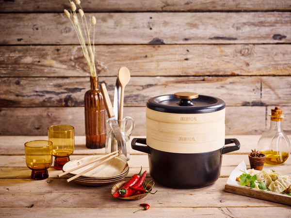 Nori 2-delige set stoofpot met stoommandjes en met lederen grepen