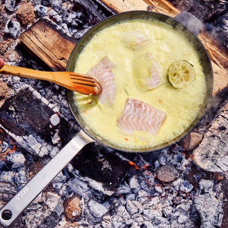 Stark pan on open fire